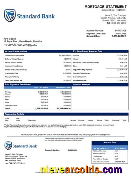 Mauritius Standard Bank (Mauritius) Limited mortgage statement Word and PDF template